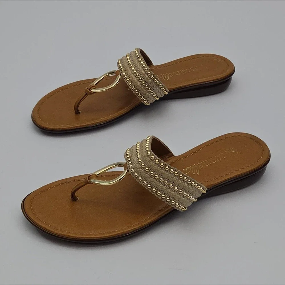 Toscanella Sandal Shoe Thong Flat Women Sz 7.5 Brown Gold Studs Slip-On Woven